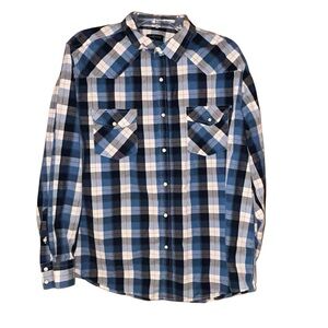 Double Pump Mens Western Pearl Snap‎ Shirt Blue Plaid Cowboy Cotton Size XL